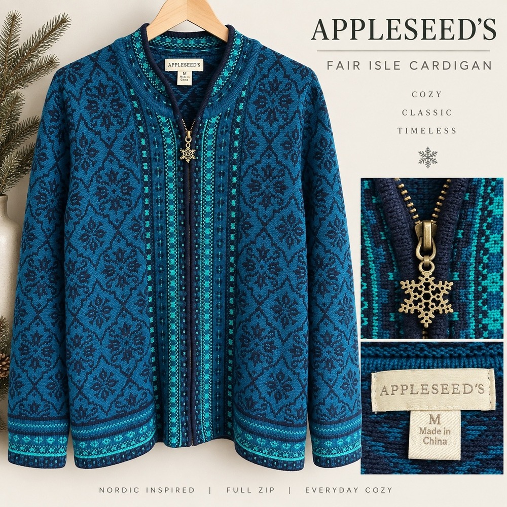 Appleseed's Women Blue Fair Isle Full Zip Nordic Snowflake Cardigan Size M